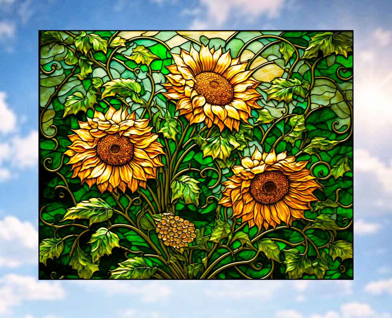 Wild Sunflowers Faux Stained-Glass WINDOW CLING Size 10" Repositionable Vinyl