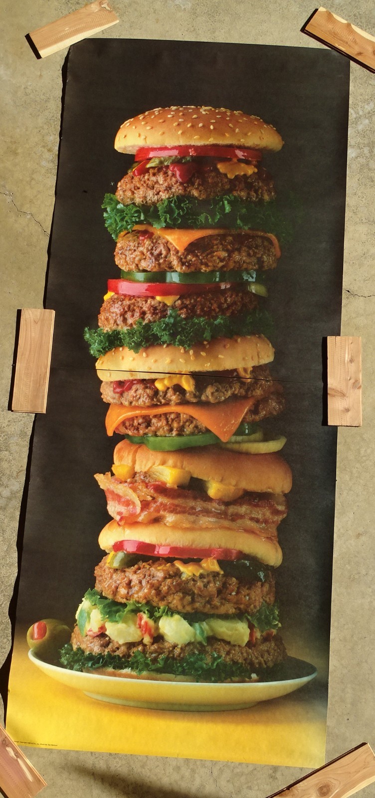 Delecious HUGE Towering Hamburger Photo Door Wall Mural Poster 82.5” X 34” nos