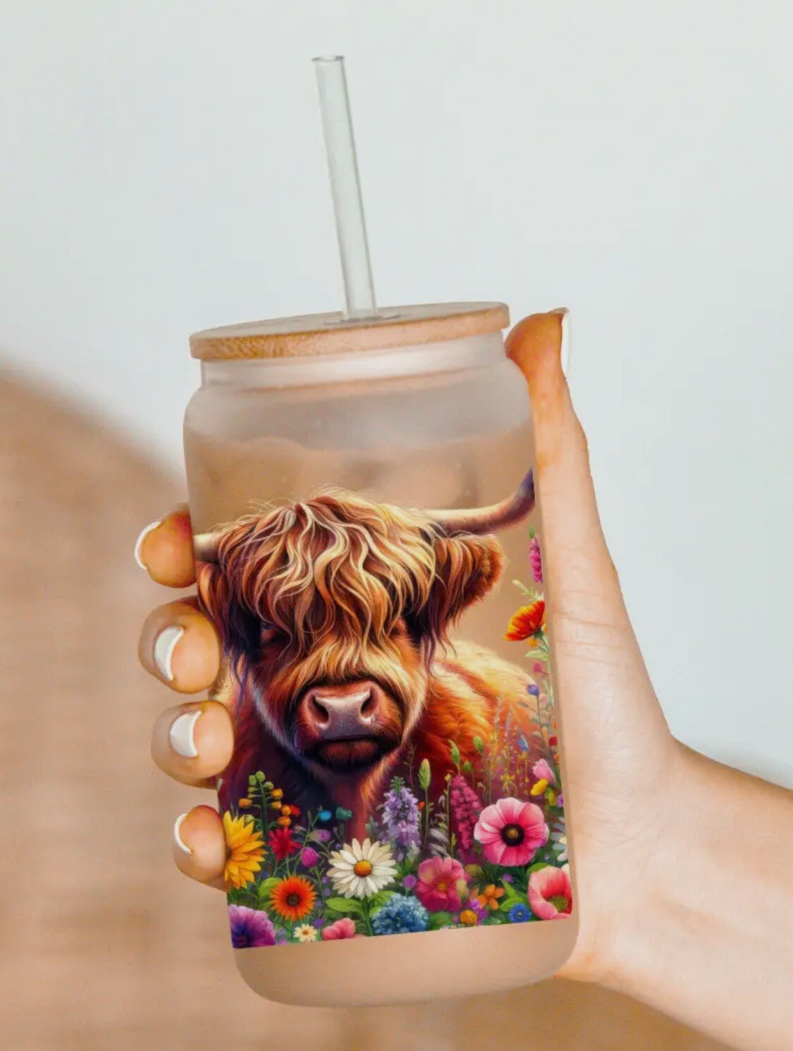 UV DTF “Highland Cow In Wildflowers ” Wrap DIY Transfer 16oz Glass Cup/Mug NEW