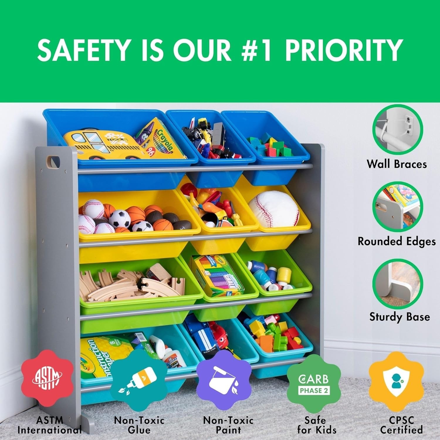 Kids Toy Storage Organizer with 12 Plastic Bins, Grey/Blue/Green/Yellow – Remova
