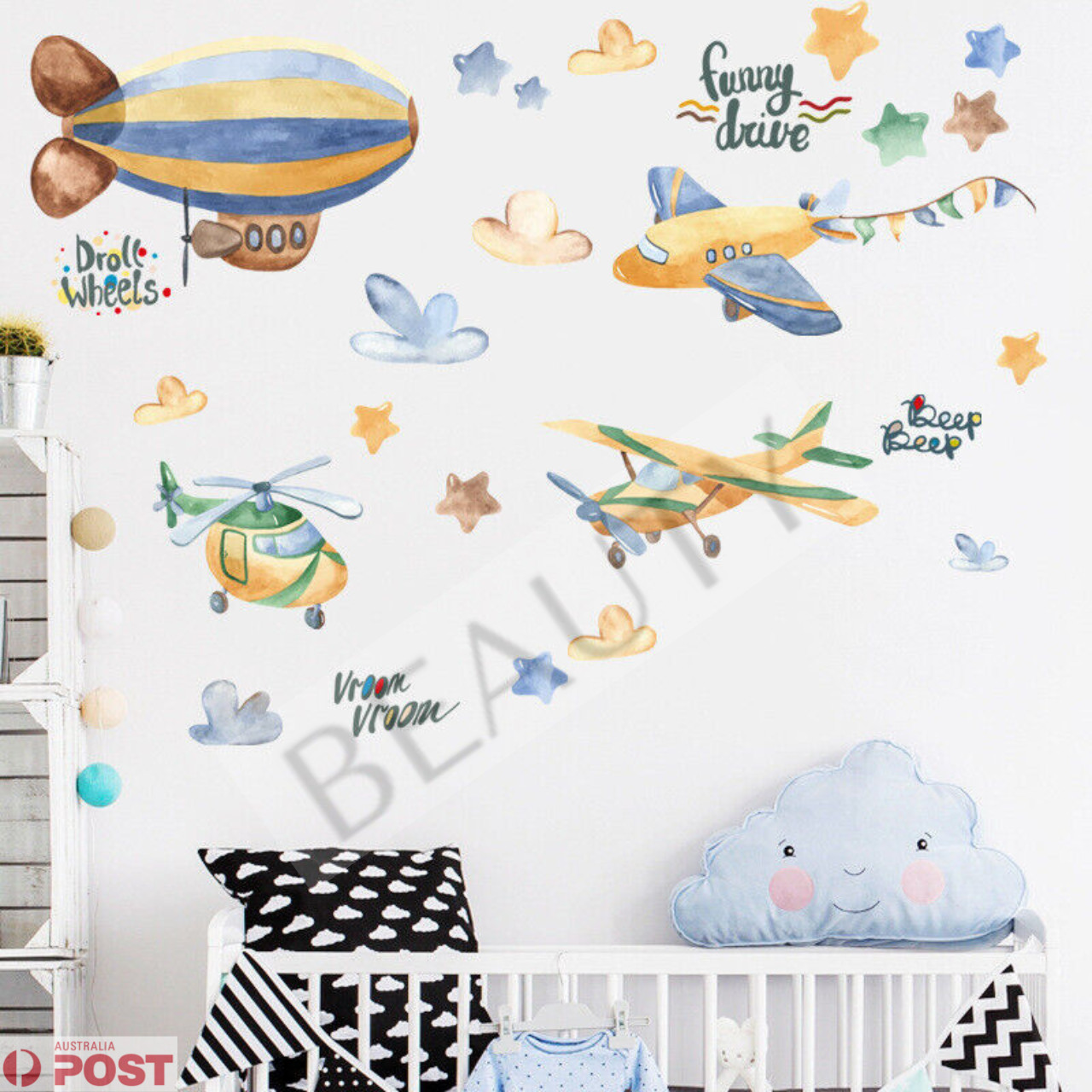 Boys Planes Stars Watercolour Removable Wall Sticker Nursery Decal Decor DIY Fun