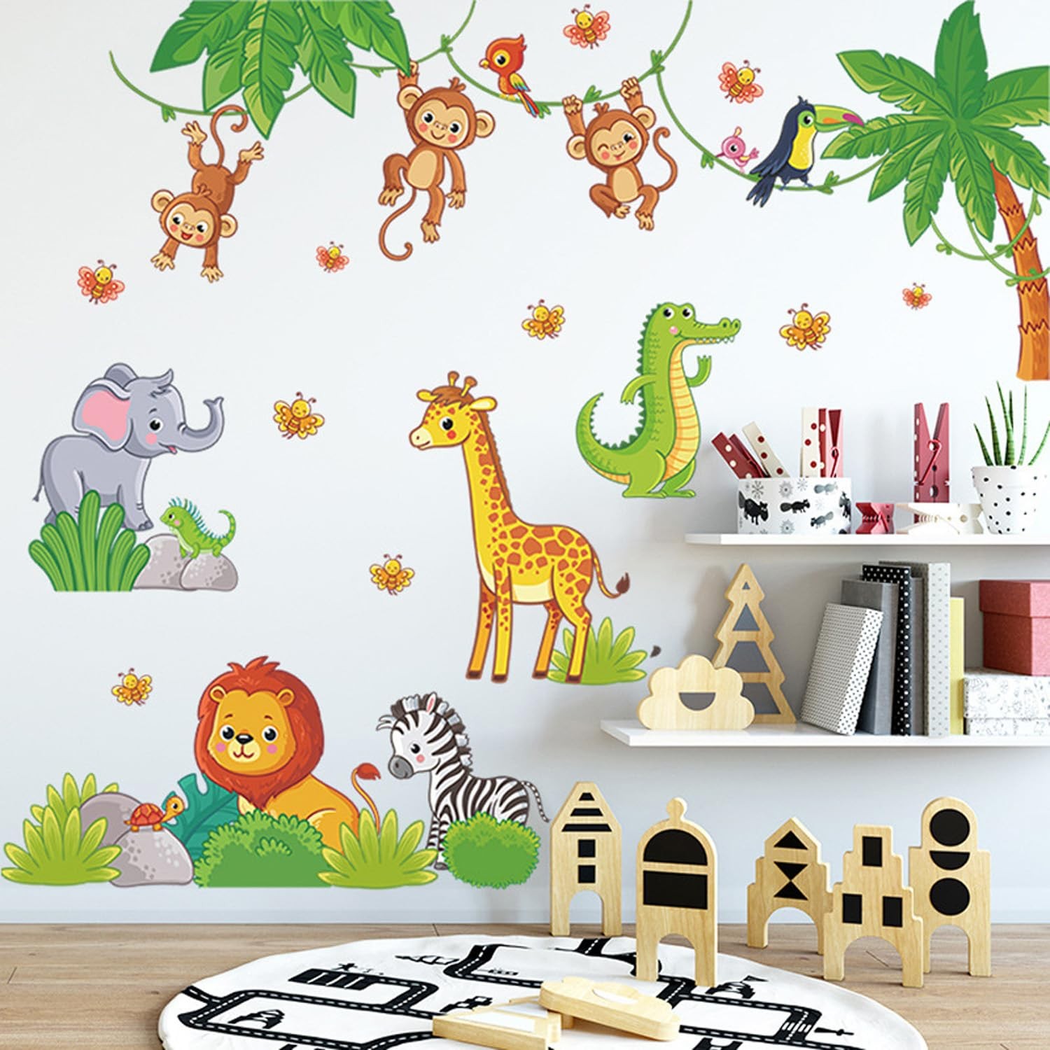 Calcomanías de pared con animales de safari y temática de jungla.