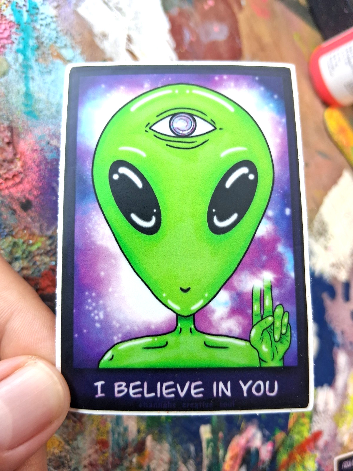 Whimsical Comic Surreal Alien Third Eye Peace Sign Vinyl Sticker Trippy Art