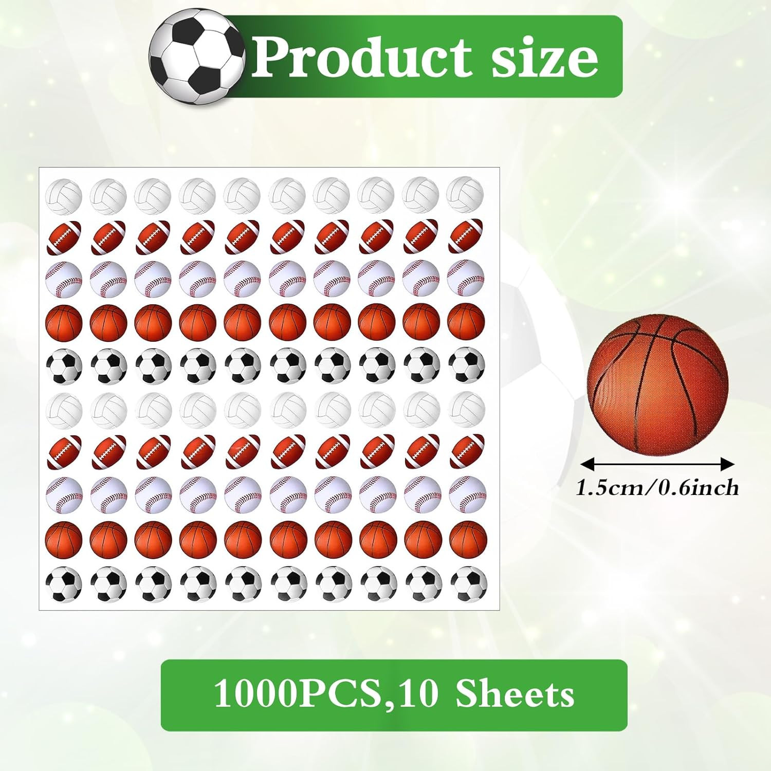 1000 Pcs Mini Sports Balls Stickers for Kids, 0.6In Baseball Basketball Soccer