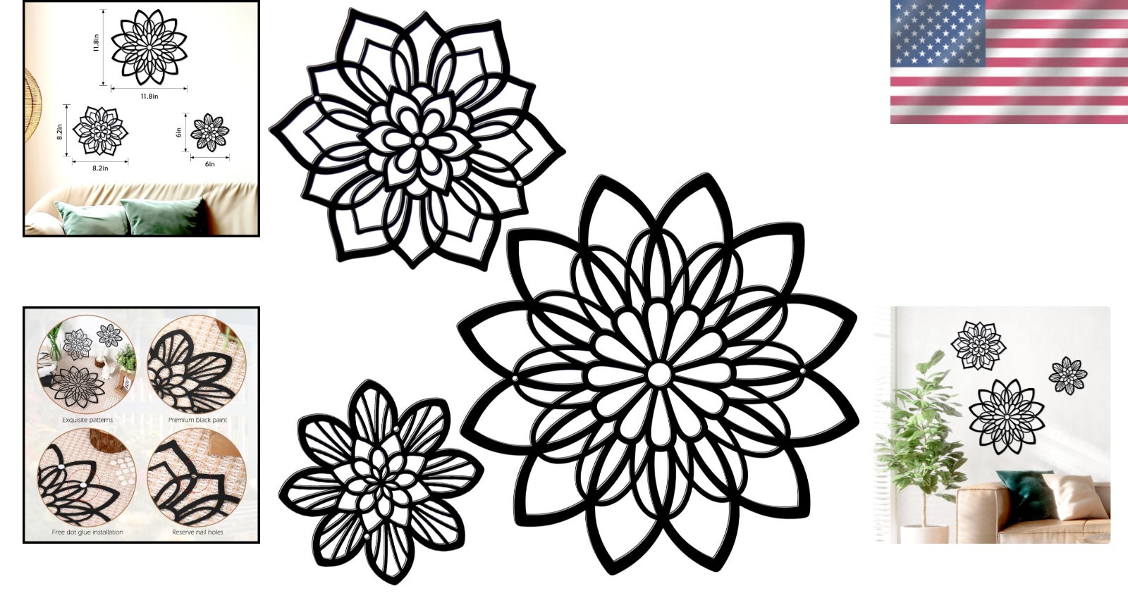 Metal Flower Wall Decor Set Farmhouse Black Flower Art Hanging Sculpture
