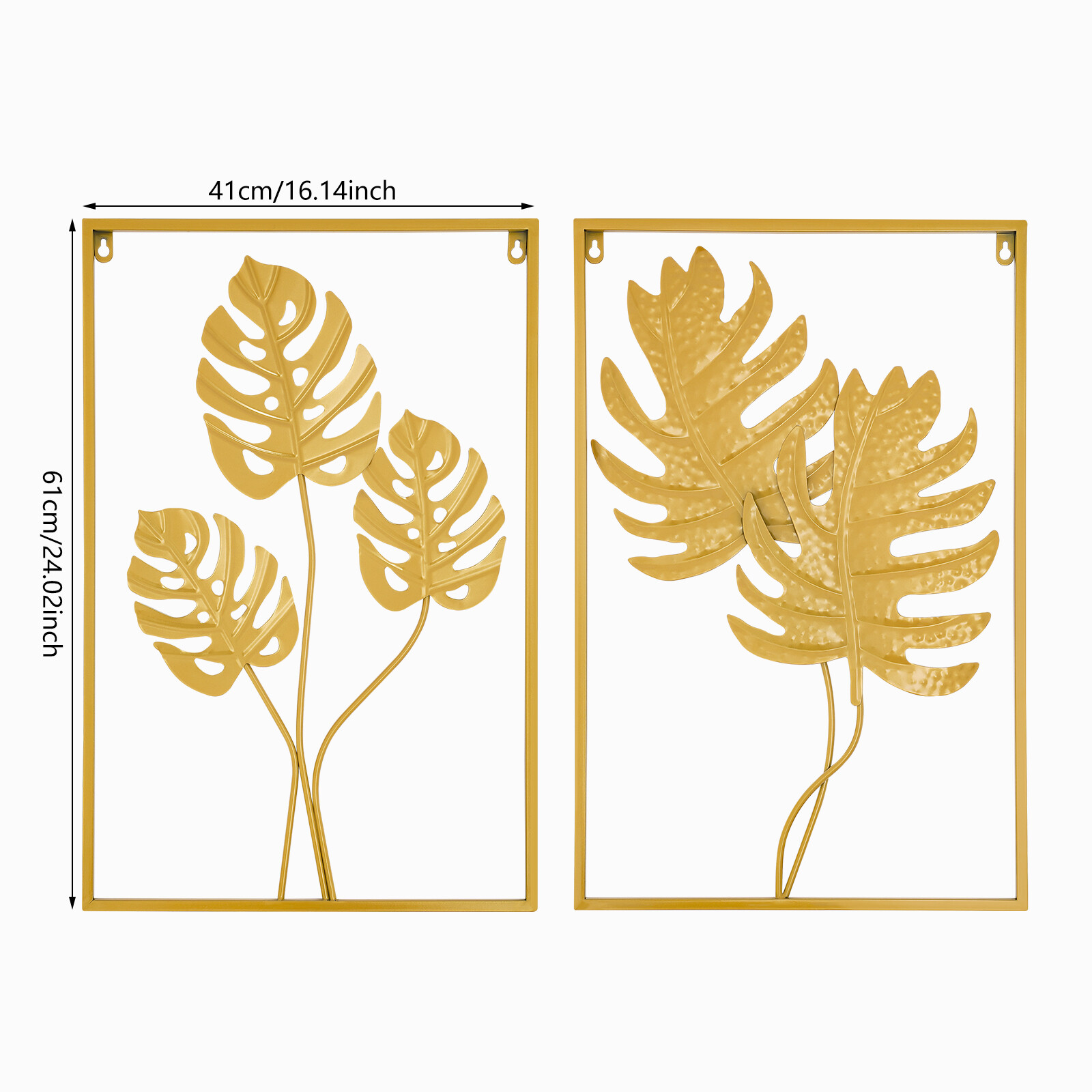 2PCS Wall Decorations Gold Iron Leaf Wall Hanging Home Decor with Frame Golden