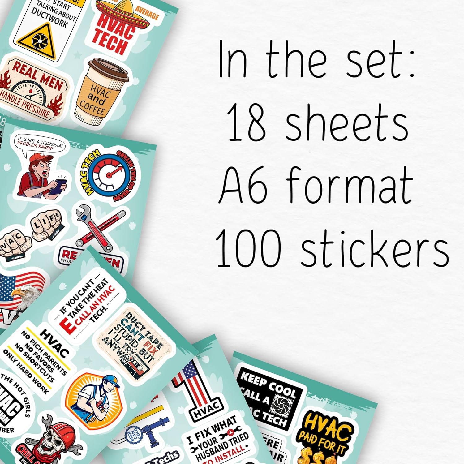 100Pcs HVAC Stickers Hard Hat, Water Bottle, Laptop – HVAC Toolbox Decals –