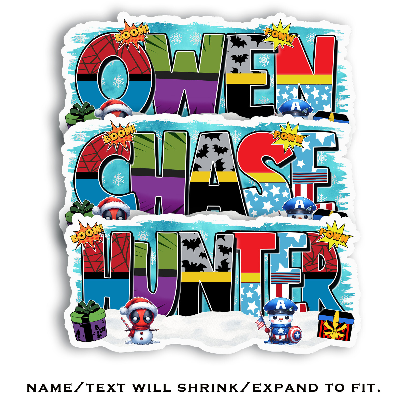 Custom Name Sticker · Personalized Vinyl Decal · Superhero Theme · Christmas