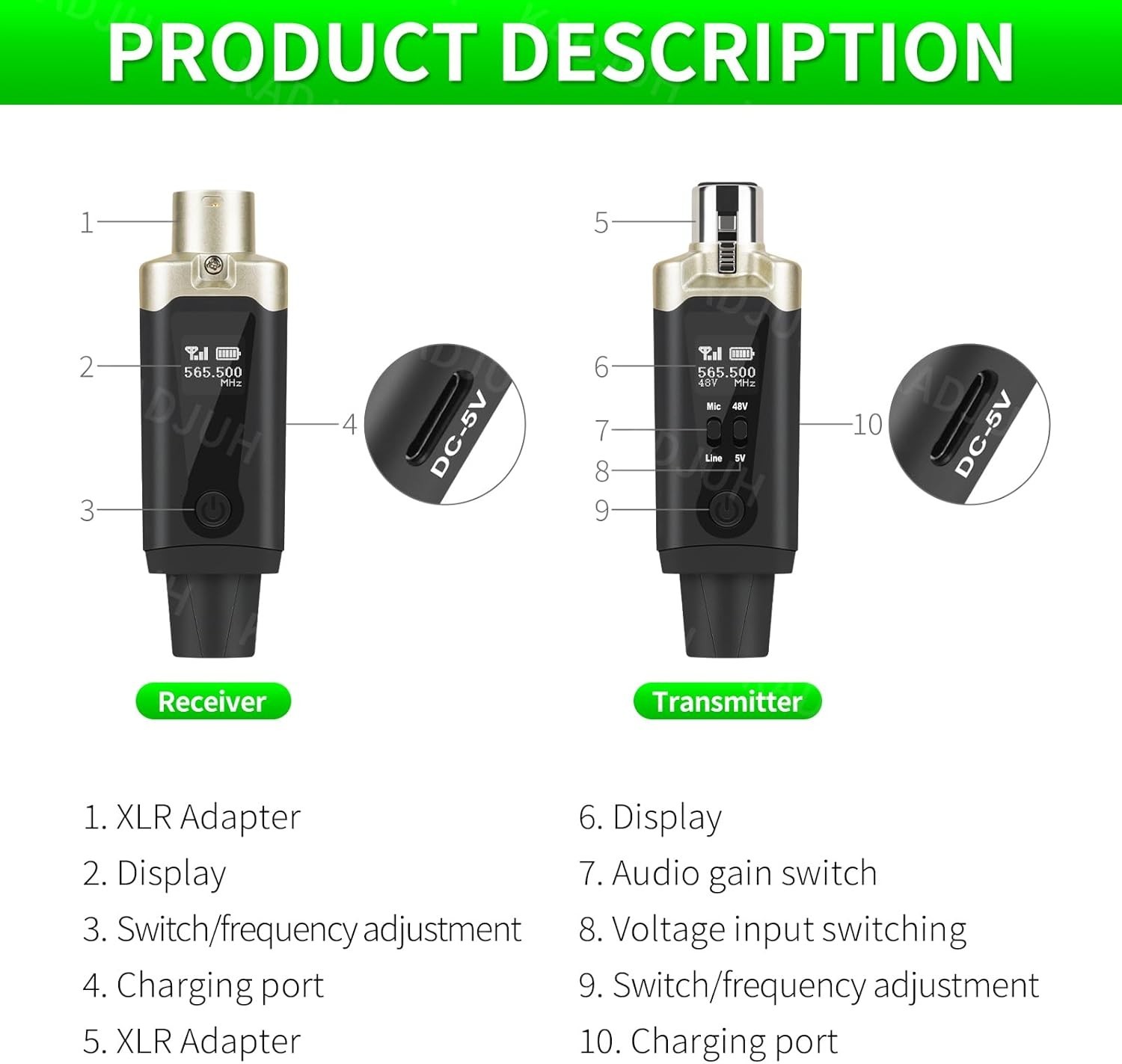 Wireless XLR Transmitter Receiver Set, Rechargeable Mic Adapter, 16 Channels, 19
