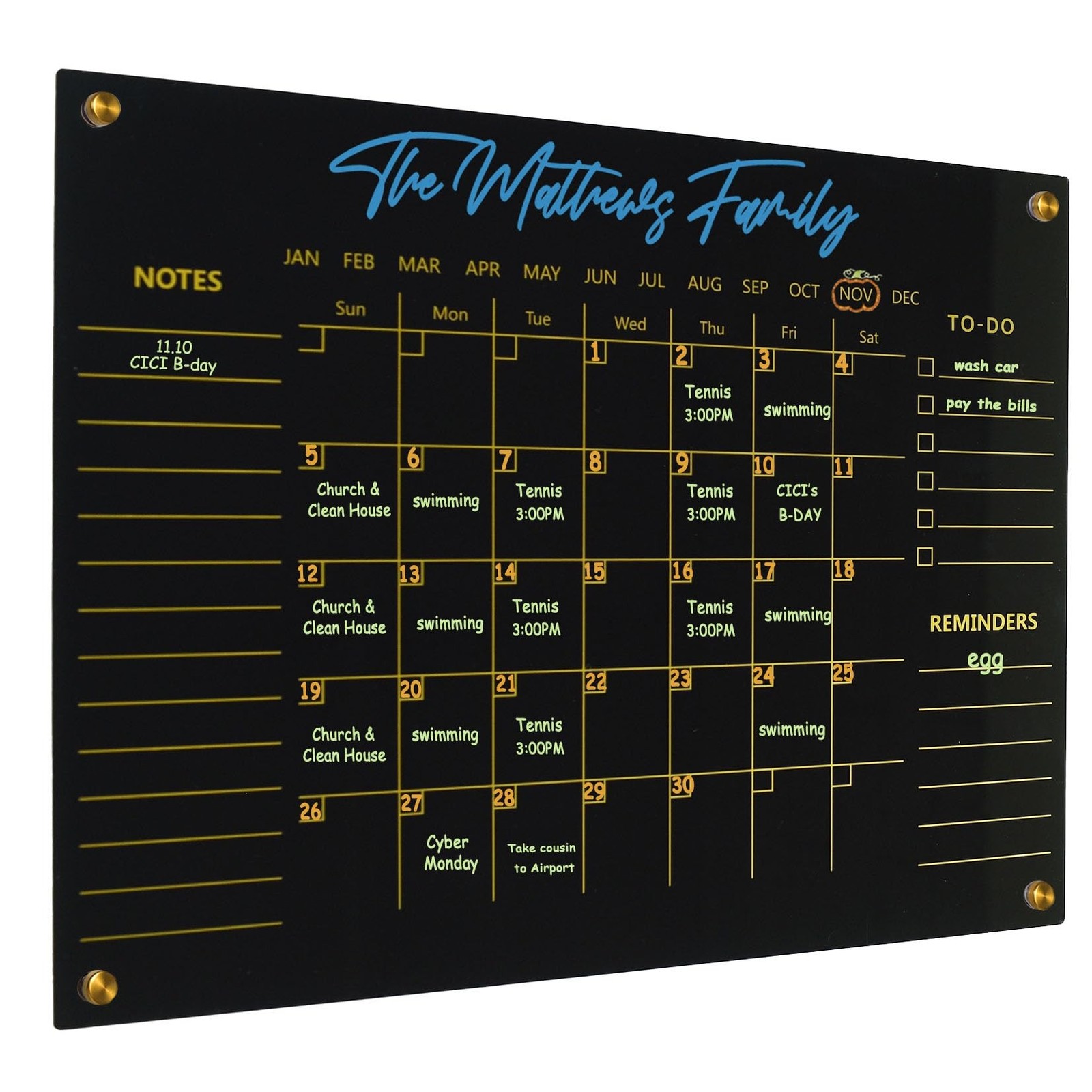 Black Acrylic Calendar Dry Erase for Wall, Family Planner, Monthly Calendar D…