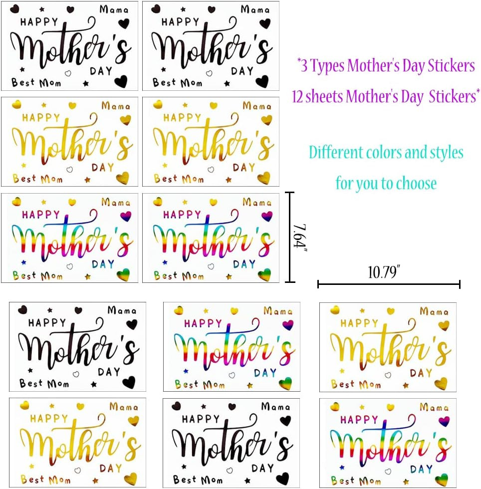 Mother'S Day Balloon Stickers Happy Mom Decals 12 Pcs Gold Black Rainbow Decor