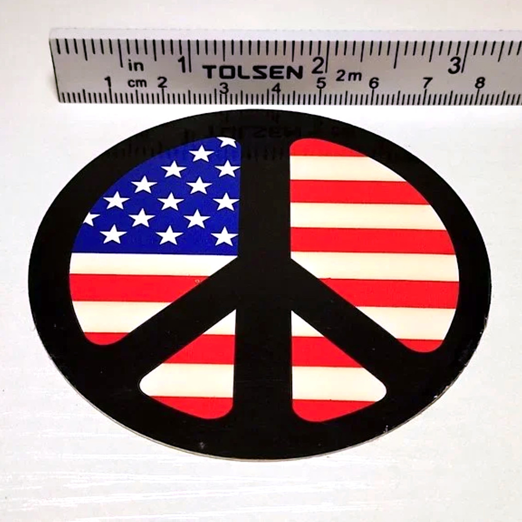 3 inch Diameter Circular Black Peace Sign with American Flag Sticker