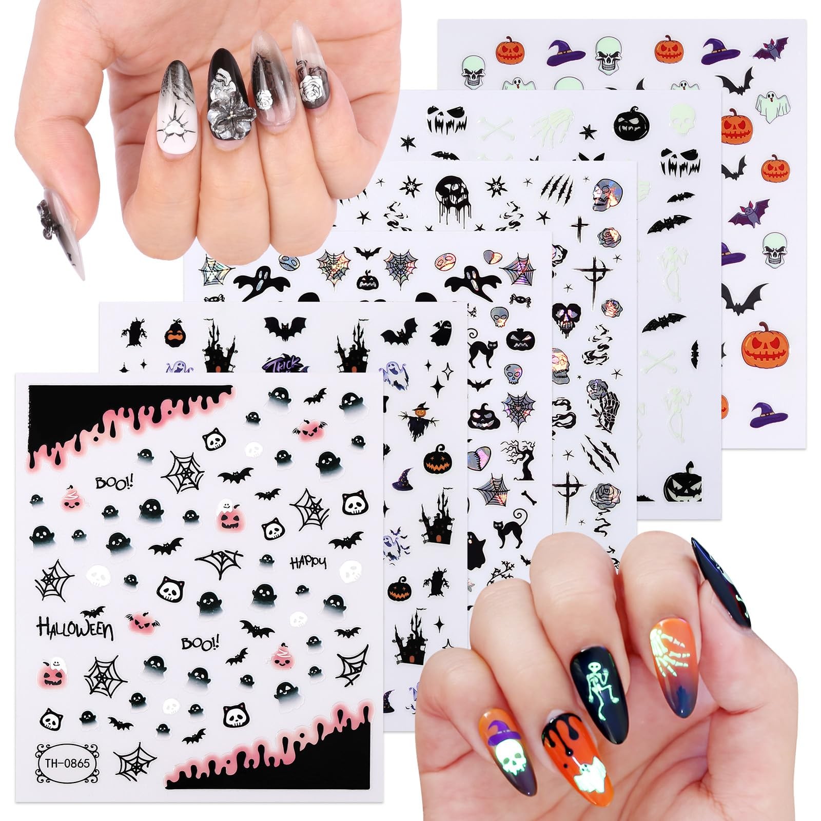 6 Sheets Halloween Nail Art Stickers, Ghost Decals 3D Horror Type1