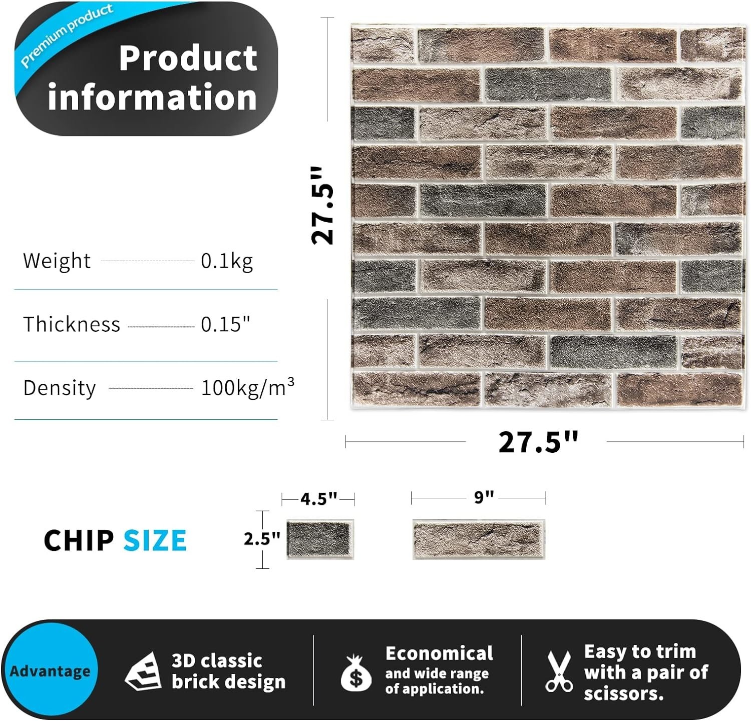Self-Adhesive 3D Wall Panels – 20-Pack Gray Brown Faux Brick for Modern Decor