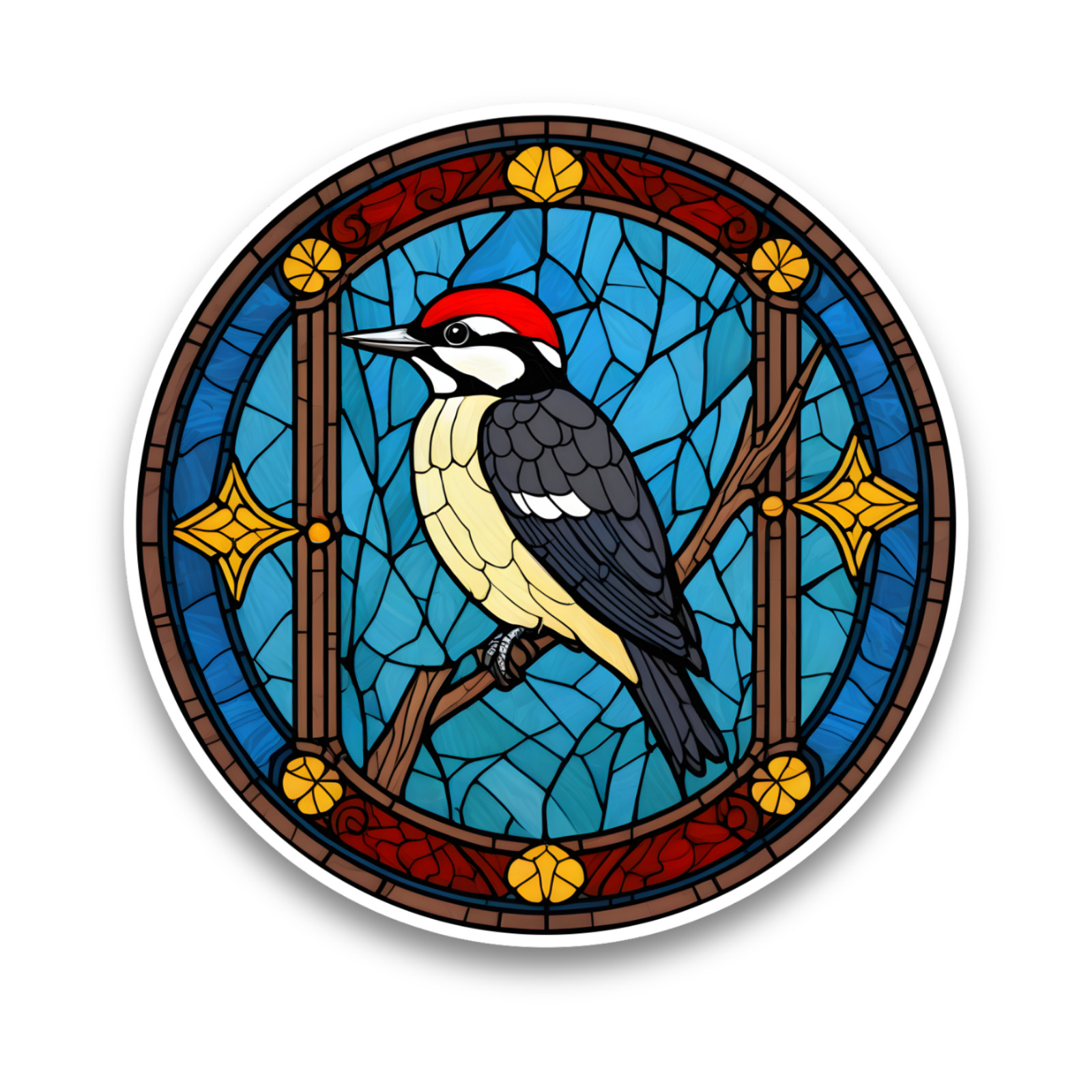 Cute Woodpecker Wild Bird Faux Stained Glass Window Opaque Vinyl Sticker Decal