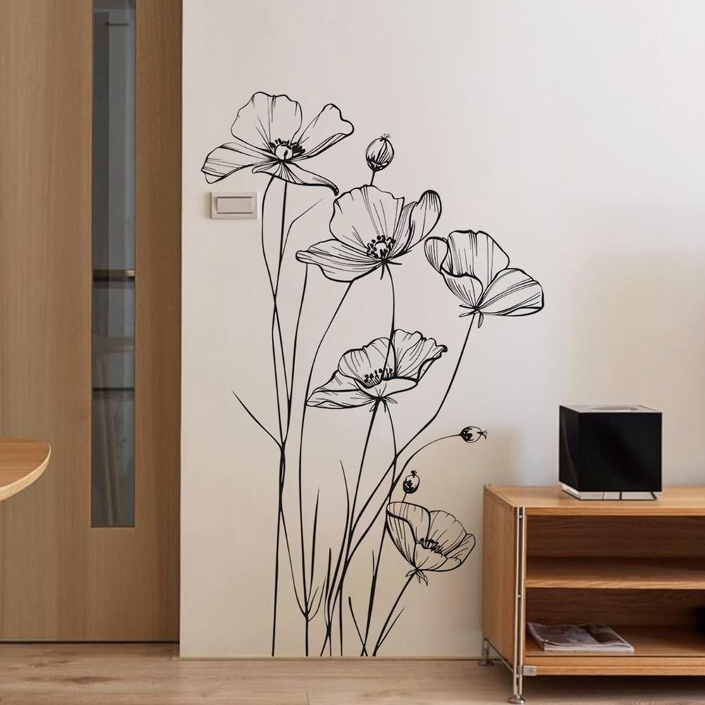 Black and White Poppy Flower Wall Decal Minimalist Sketch Botanical Wall Art …