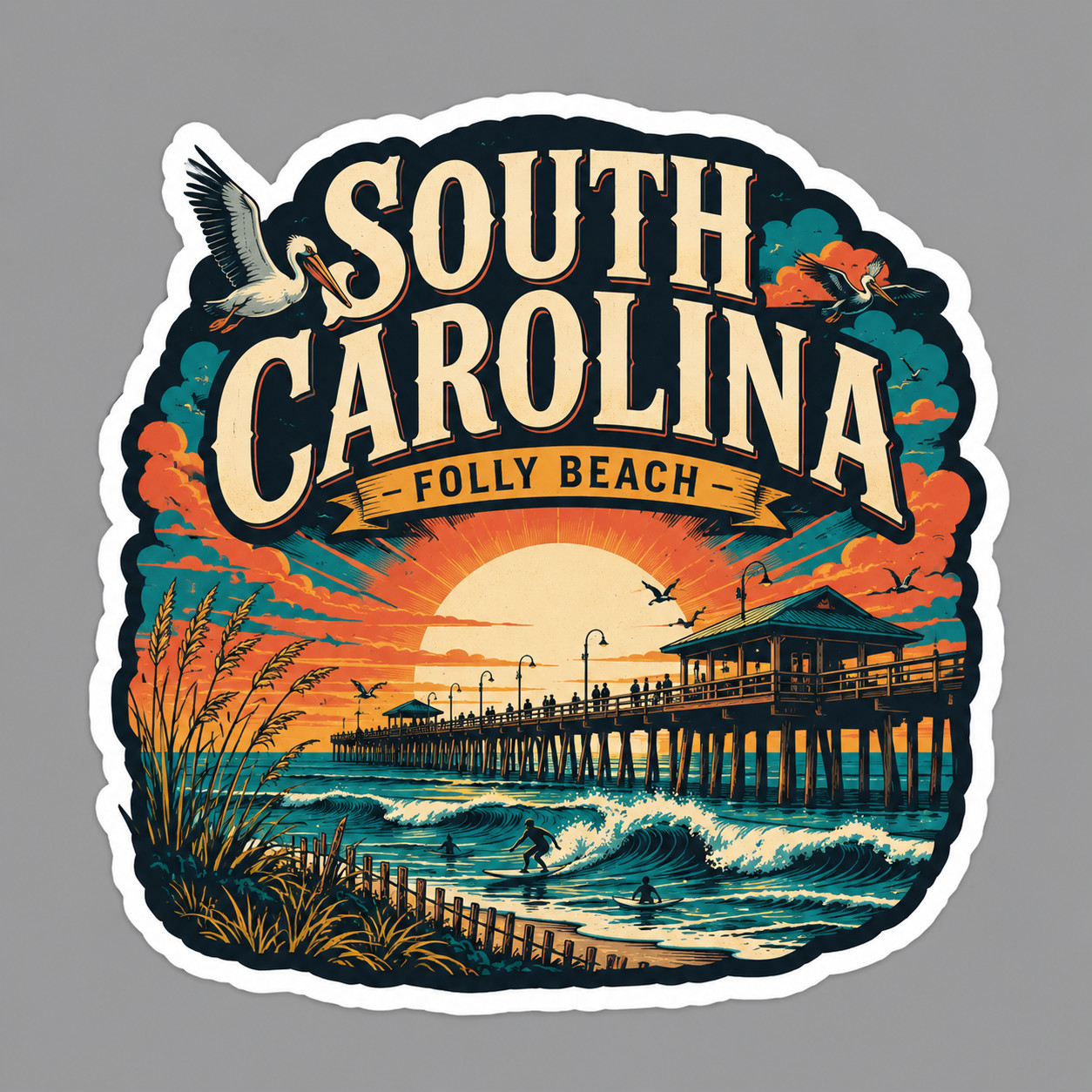 South Carolina Sticker Vinyl Decal Folly Beach Pier Surf Coastal Vacation