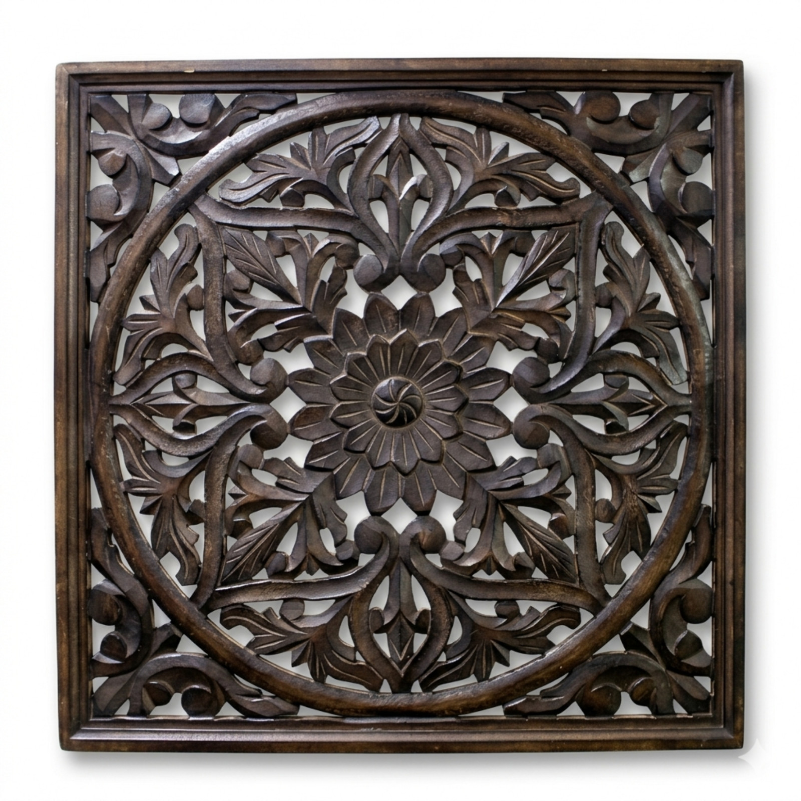 Carved Wood Wall Decor Panel 61cm – Large Rustic Floral Mandala Art