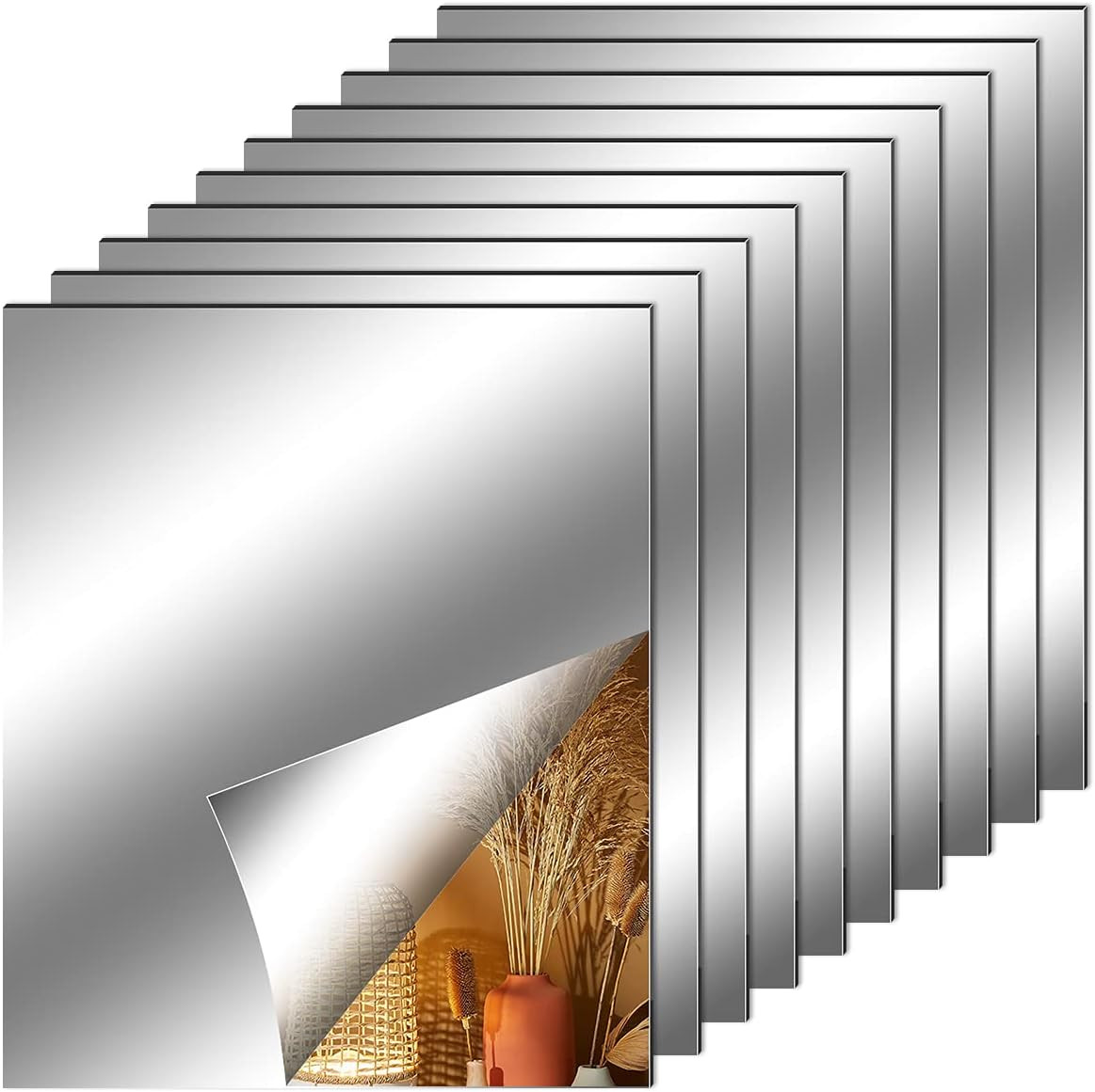 10 Pieces Flexible Mirror Sheets, Self Adhesive Decorative Plastic Mirror Tiles
