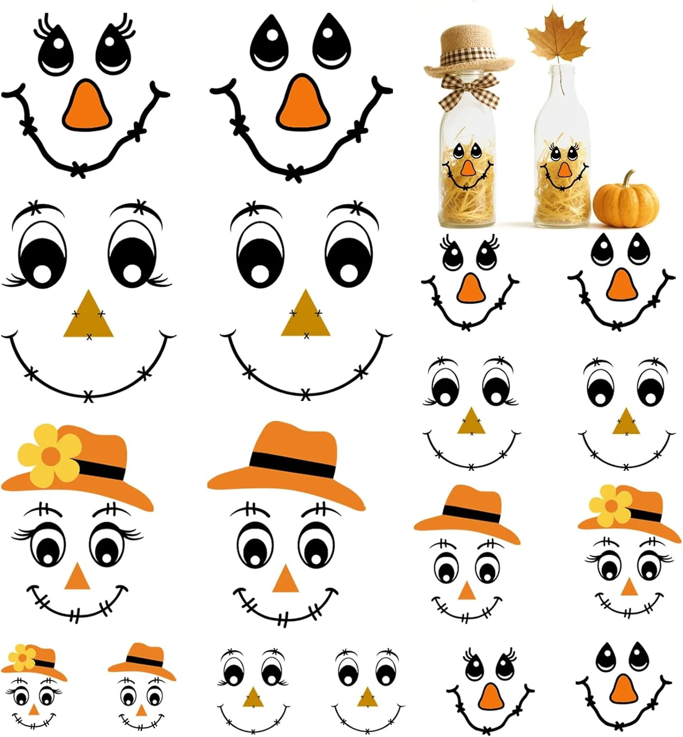 24pcs Fall Scarecrow Face Stickers Vinyl Decals Cute Autumn Scarecrow Face Stick