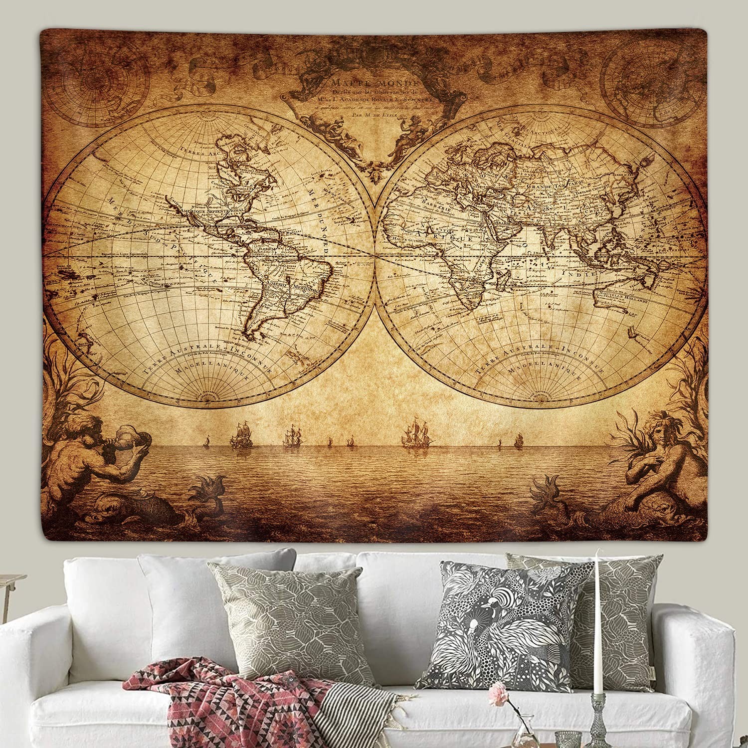 Old World Map Tapestry for Bedroom, Vintage Nautical Maps of the World Art Ta…