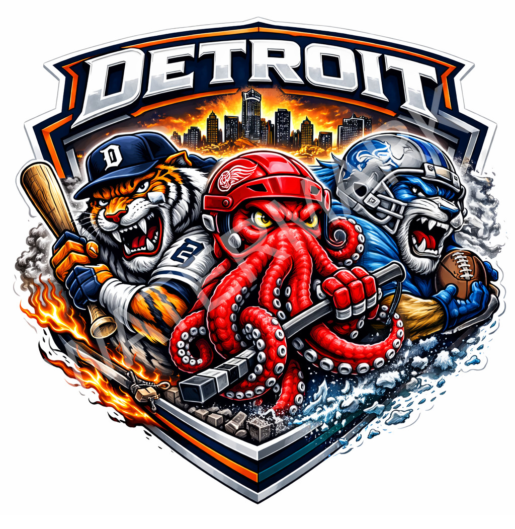 Detroit Sports Mashup Laminated Vinyl Sticker/Decal – Tigers Lions Red Wings 01