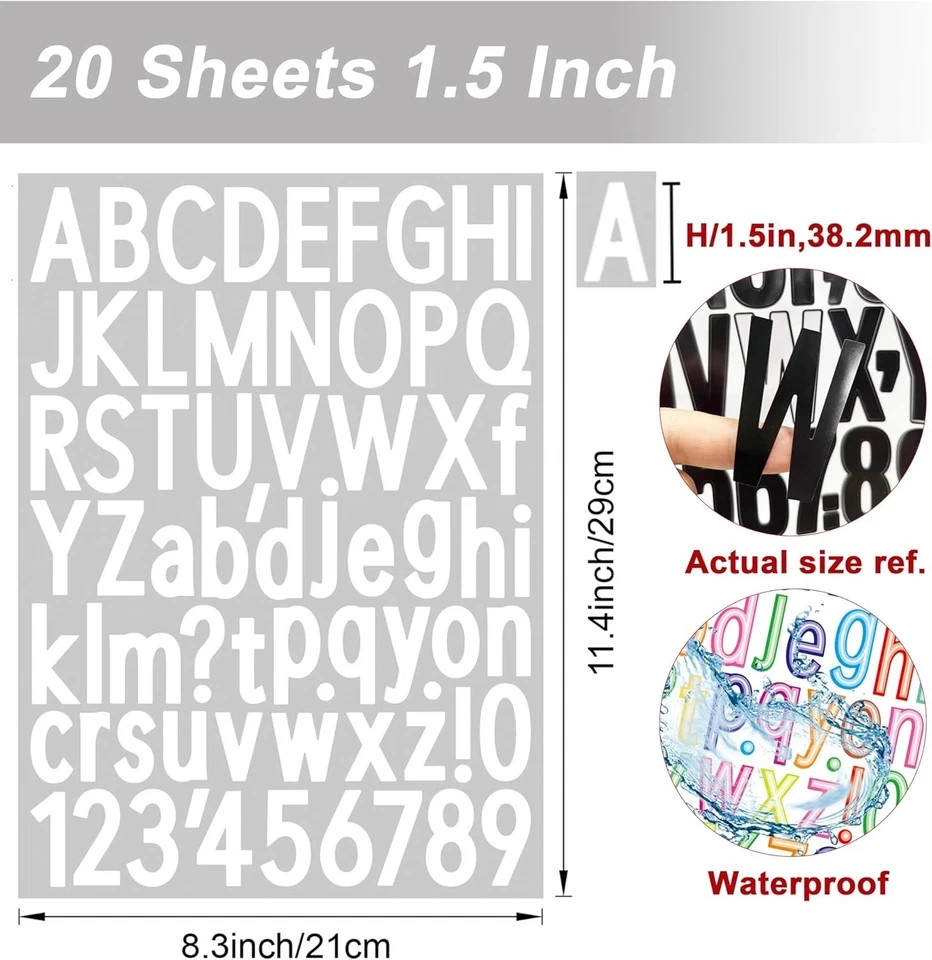 20 Sheet 1.5 Inch Letter and Number Stickers Self Adhesive Vinyl White