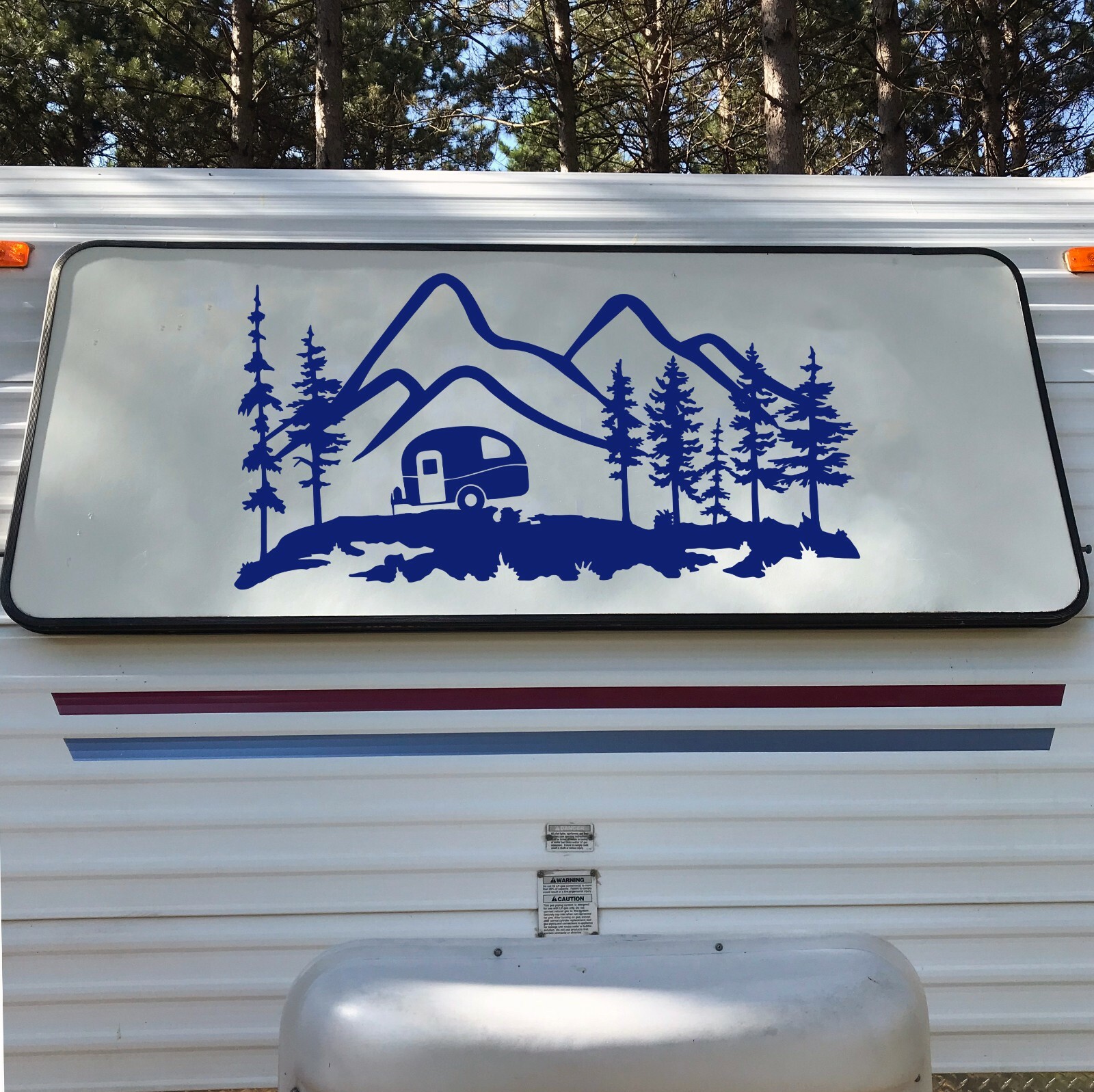 Mountain Travel Trailer Scene V2 Vinyl Decal | Camping Forest | Die Cut Sticker