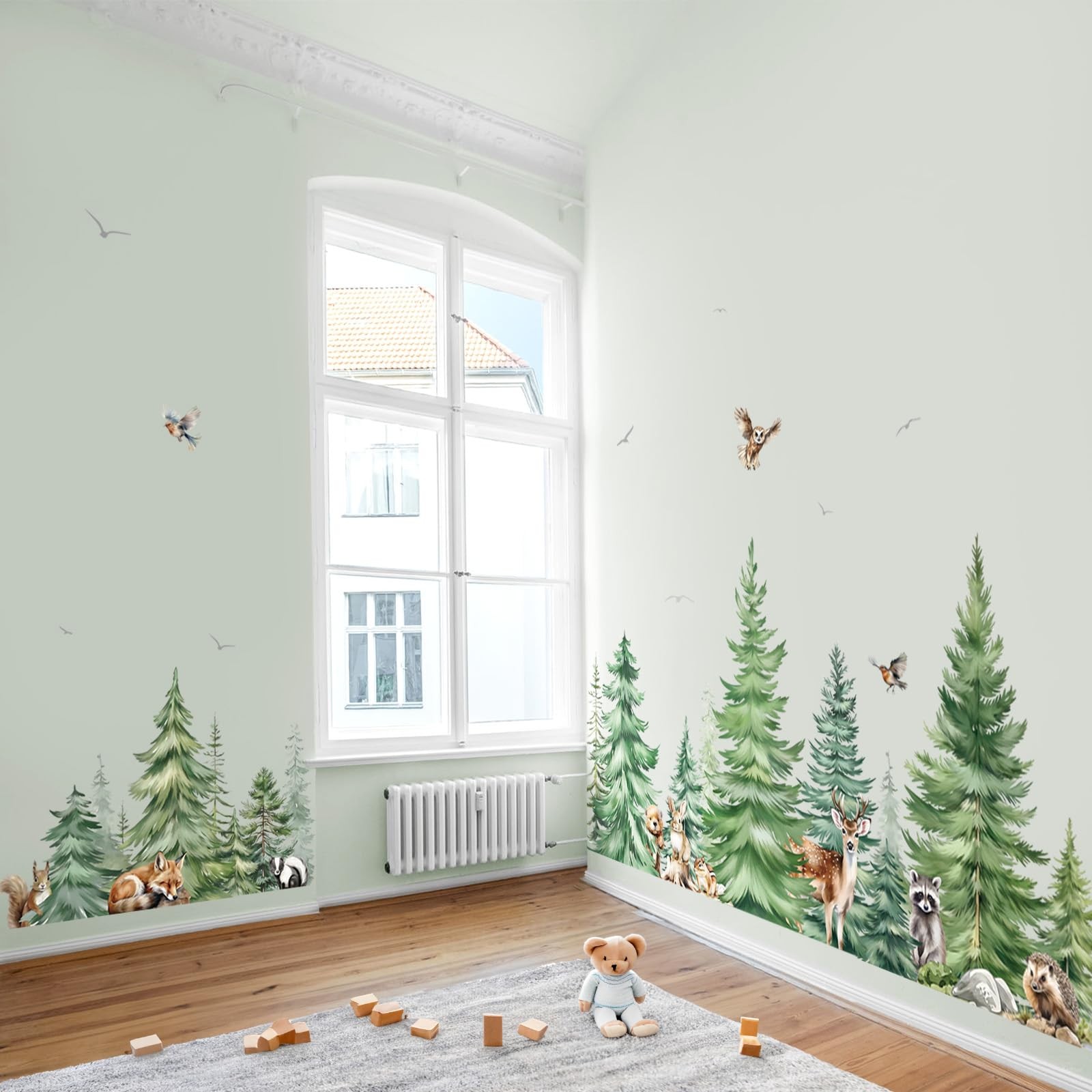 decalmile Large Watercolor Pine Tree Animals Wall Stickers Woodland Green