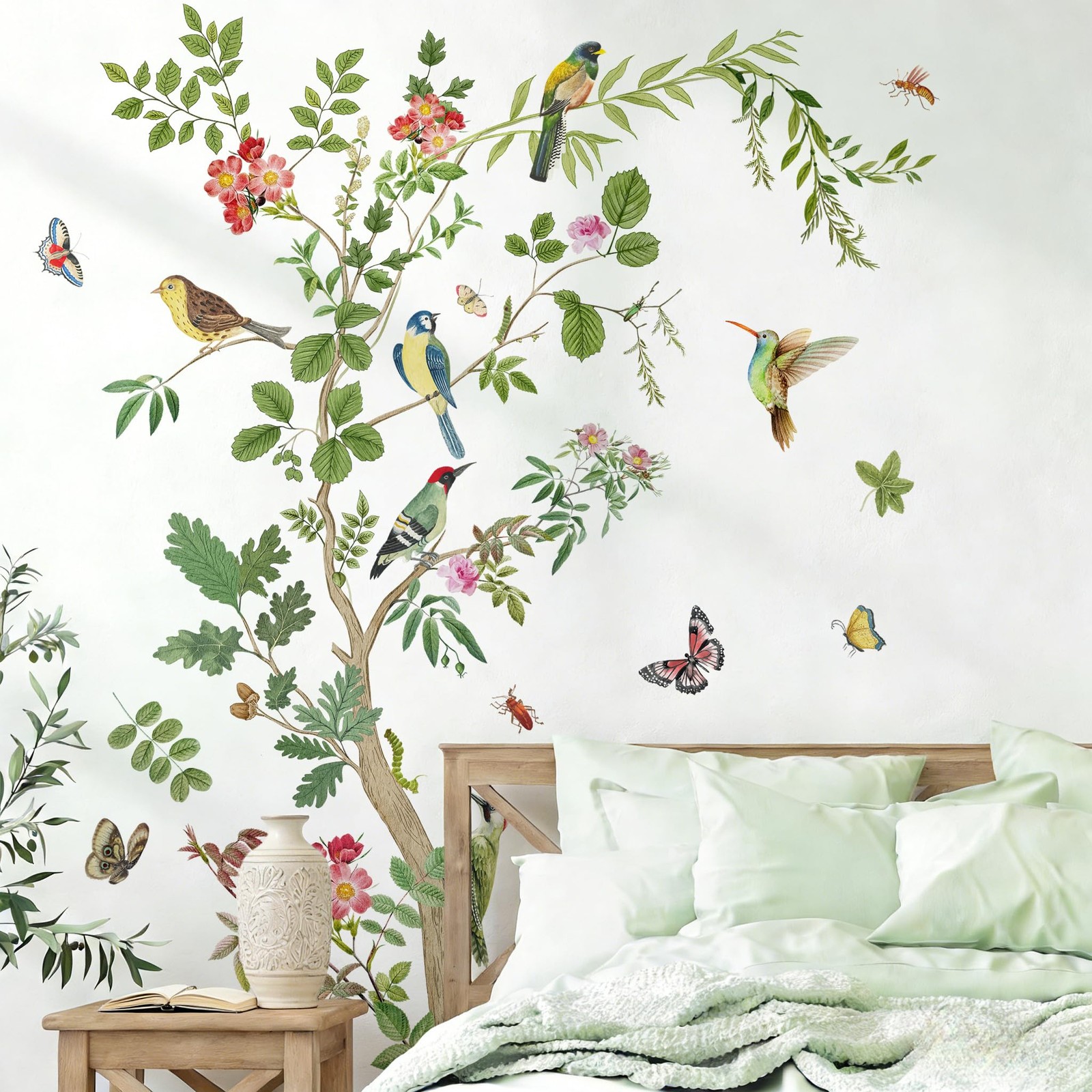 Large Green Tree Wall Decals Floral Tree Branch with Birds Peel and Stick Rem…