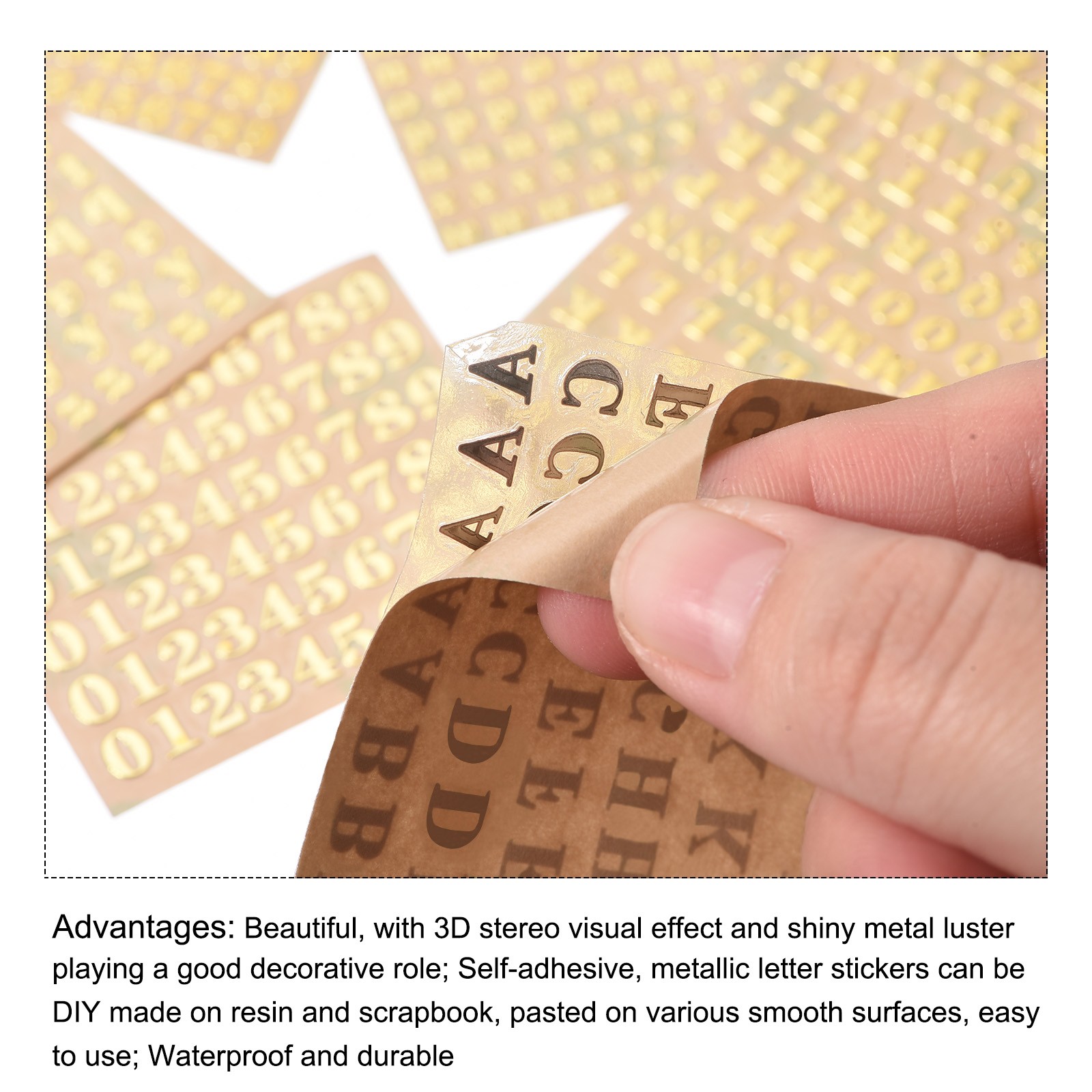 4 Sheet Letter Resin Stickers Mini Glitter Uppercase Self Adhesive Gold 3mm High