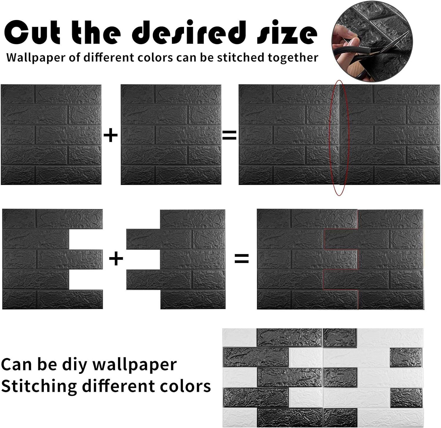 Black 3D Tile Brick Wall Sticker Self-adhesive Foam Panel Wallpaper 14.5 SQ FT