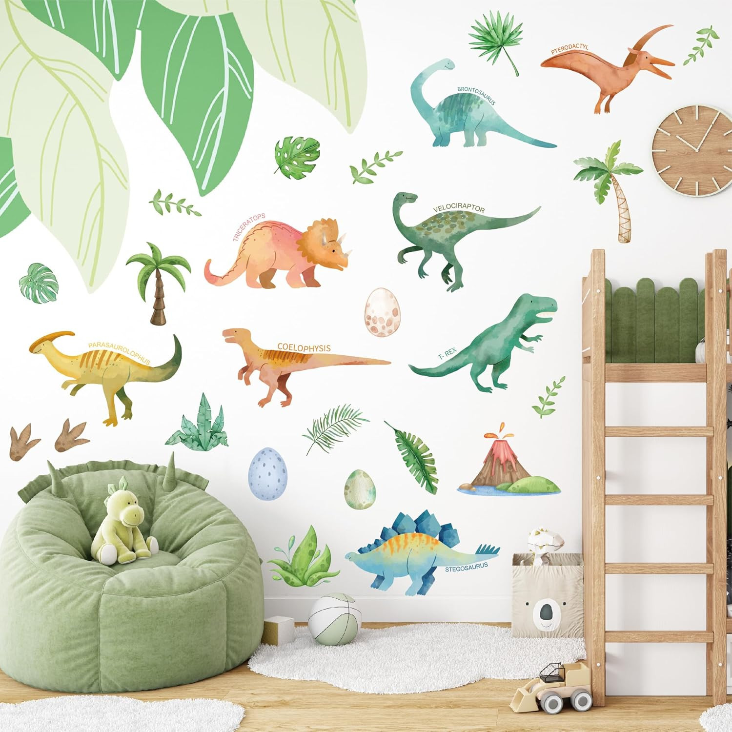 Watercolor Dinosaur Wall Decals – 28 Pcs Peel and Stick Dino Decor for Boys’ Bed