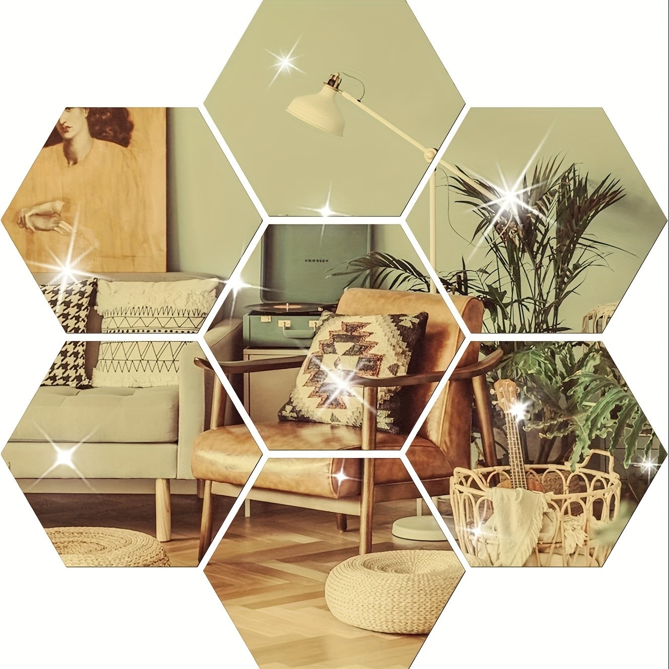 24Pcs Large Hexagonal Mirror Wall Stickers Boho Living Room Background Wall Art