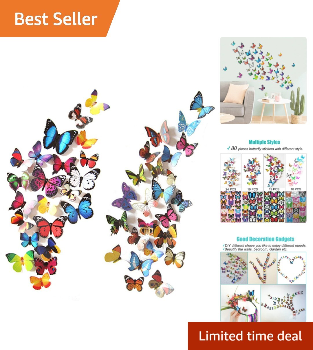 80 PCS Butterfly Wall Decor Waterproof Removable Reusable Wings Foldable PVC …
