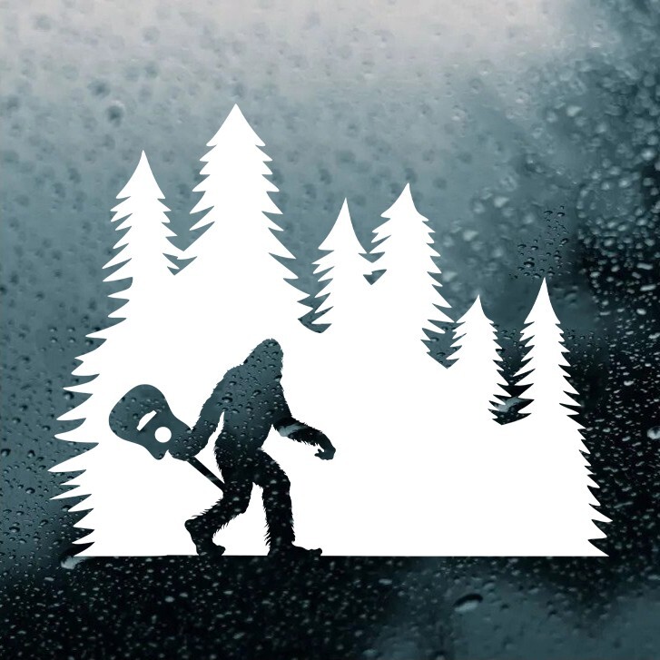 Bigfoot with Guitar in Tree Line Vinyl Decal V1 | Sasquatch Pine Trees Sticker