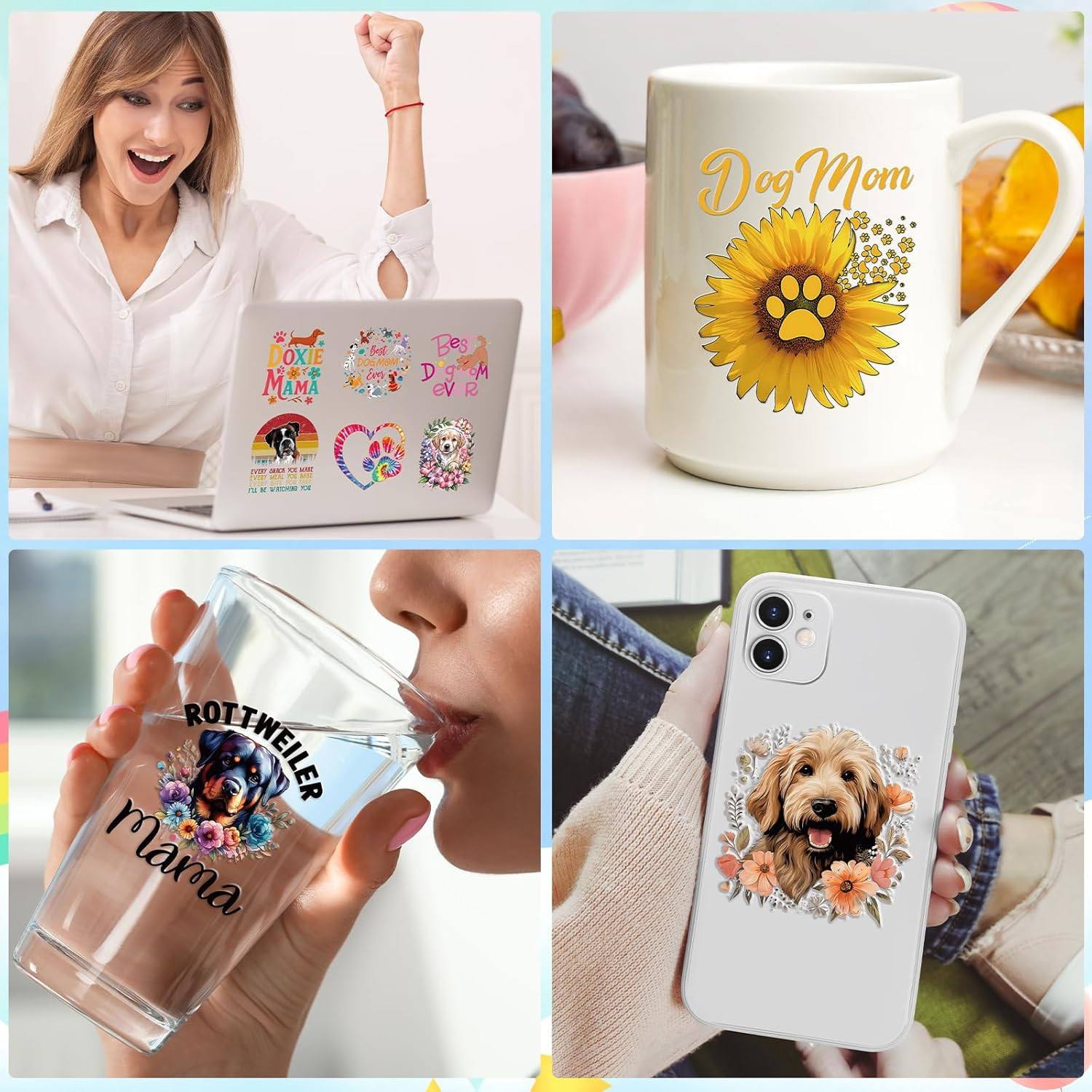UV DTF Cup Stickers – 20 Pcs Dog Mom UV DTF Cup Wraps for 16 Oz Cute Puppy Anima