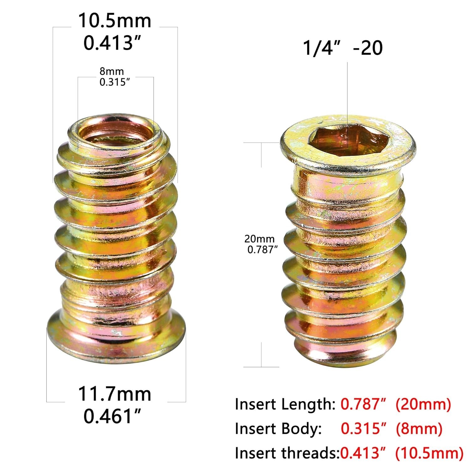 PGMJ 200 Pcs Threaded Inserts for Wood – One Size, 200 1/4"-20 x 20mm