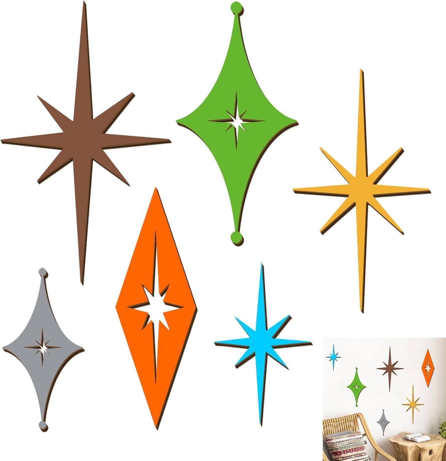 6 Pcs Wooden Star Wall Decor Colorful Starburst Walls Art Mid Century Modern …
