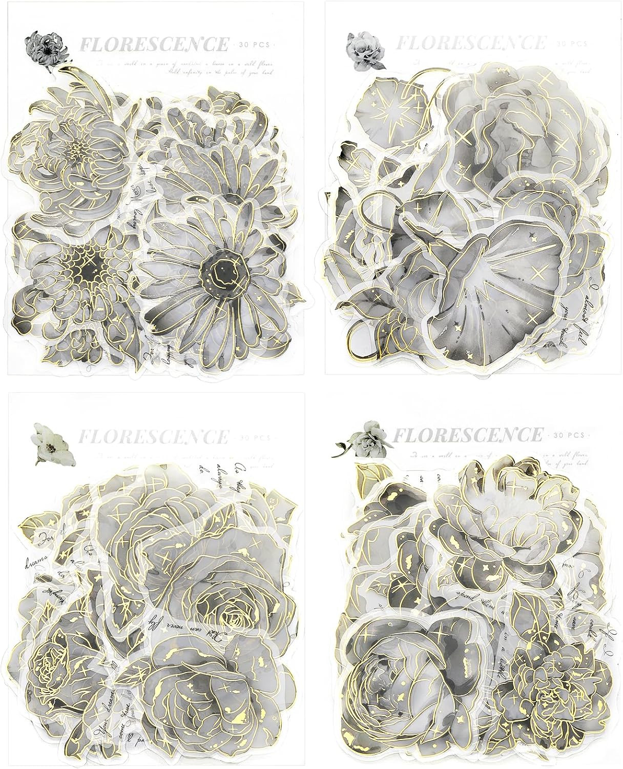Black and White Flower Stickers, Shiny Gold Stickers Floral Decals for Scrapbook