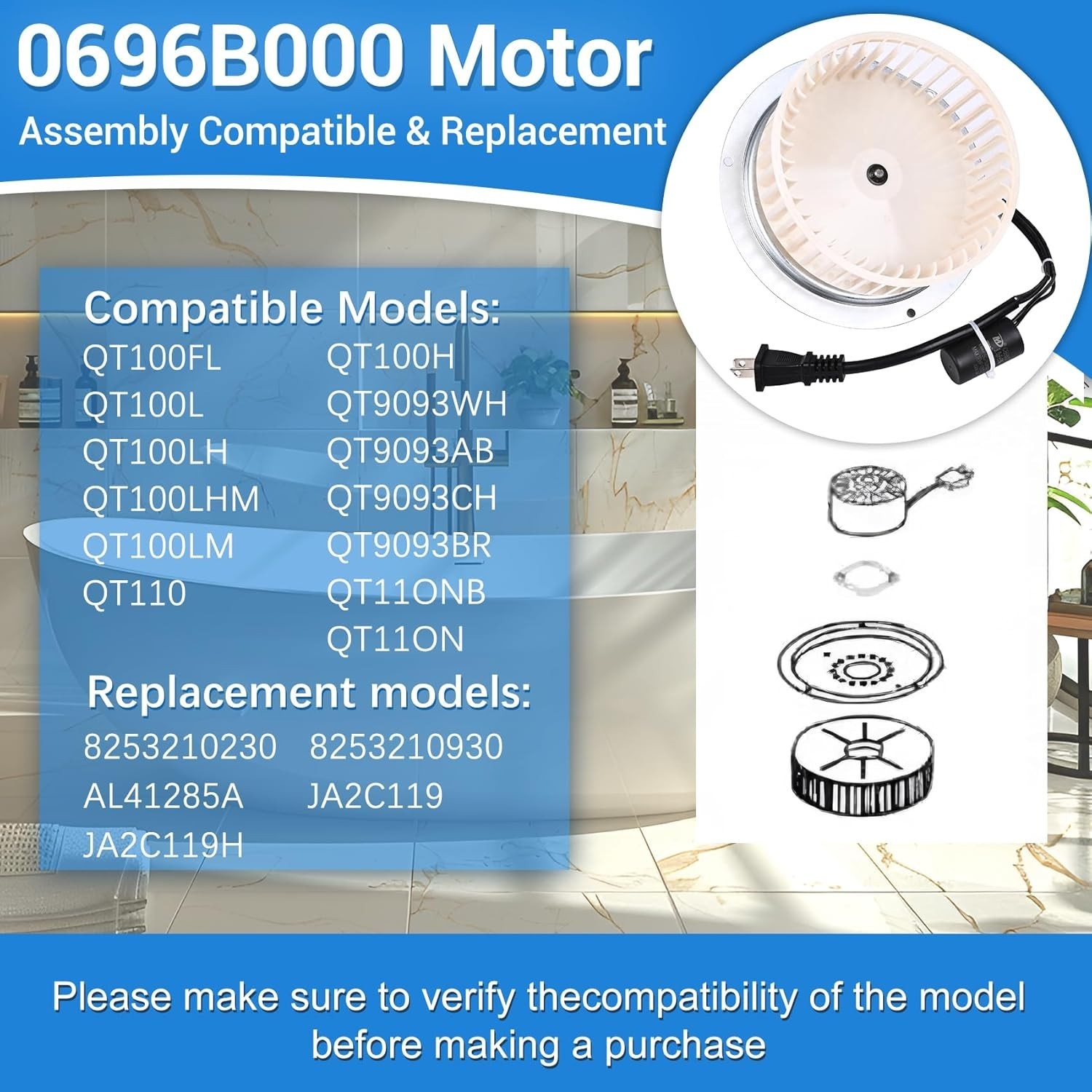 Upgrade QT-100L QT-110-B QT-110N-B QT-90N-B Bathroom Fan Motor & Blower Wheel…