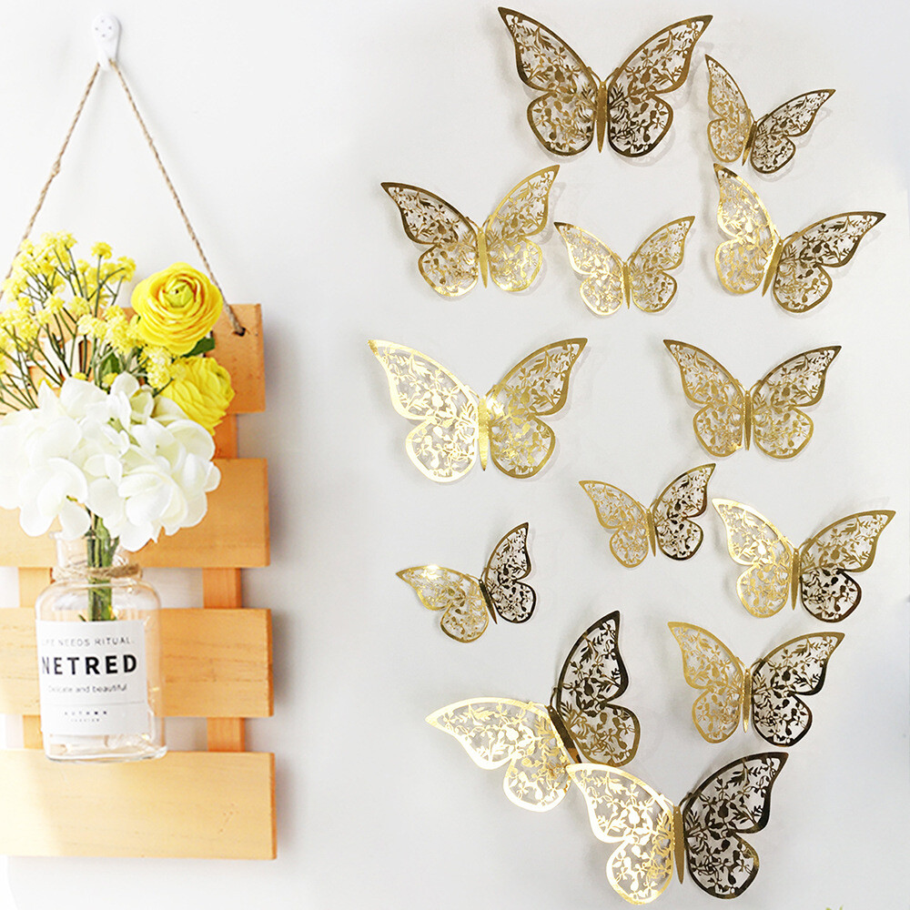 12 pcs 3d cute rose, silver, and gold butterfly wall decor, party, wedding, diy