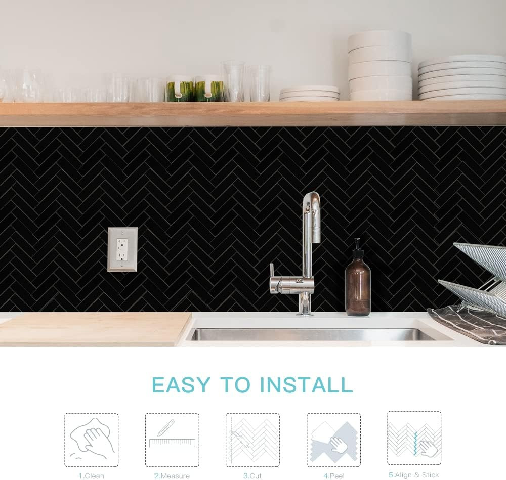 Peel and Stick Black Chevron Backsplash Tiles for Kitchen & Bathroom – 12 Sheets