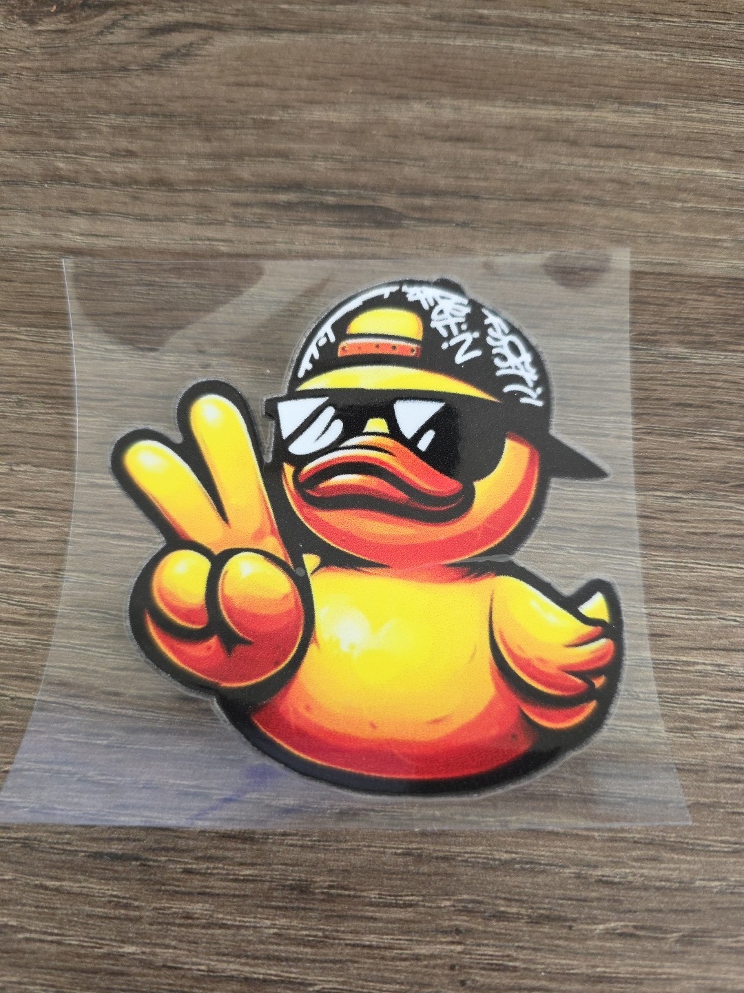 Rubber Duckie Wearing Hat And Peace Sign UV DTF Raised Decal Sticker For Vehicle