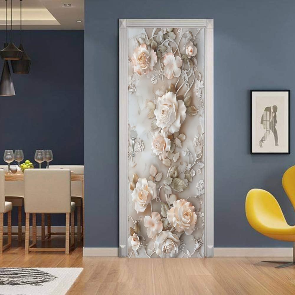 REDAMANCY Modern Ivory Pink White Rose Florals Peel and Stick Door Stickers V…
