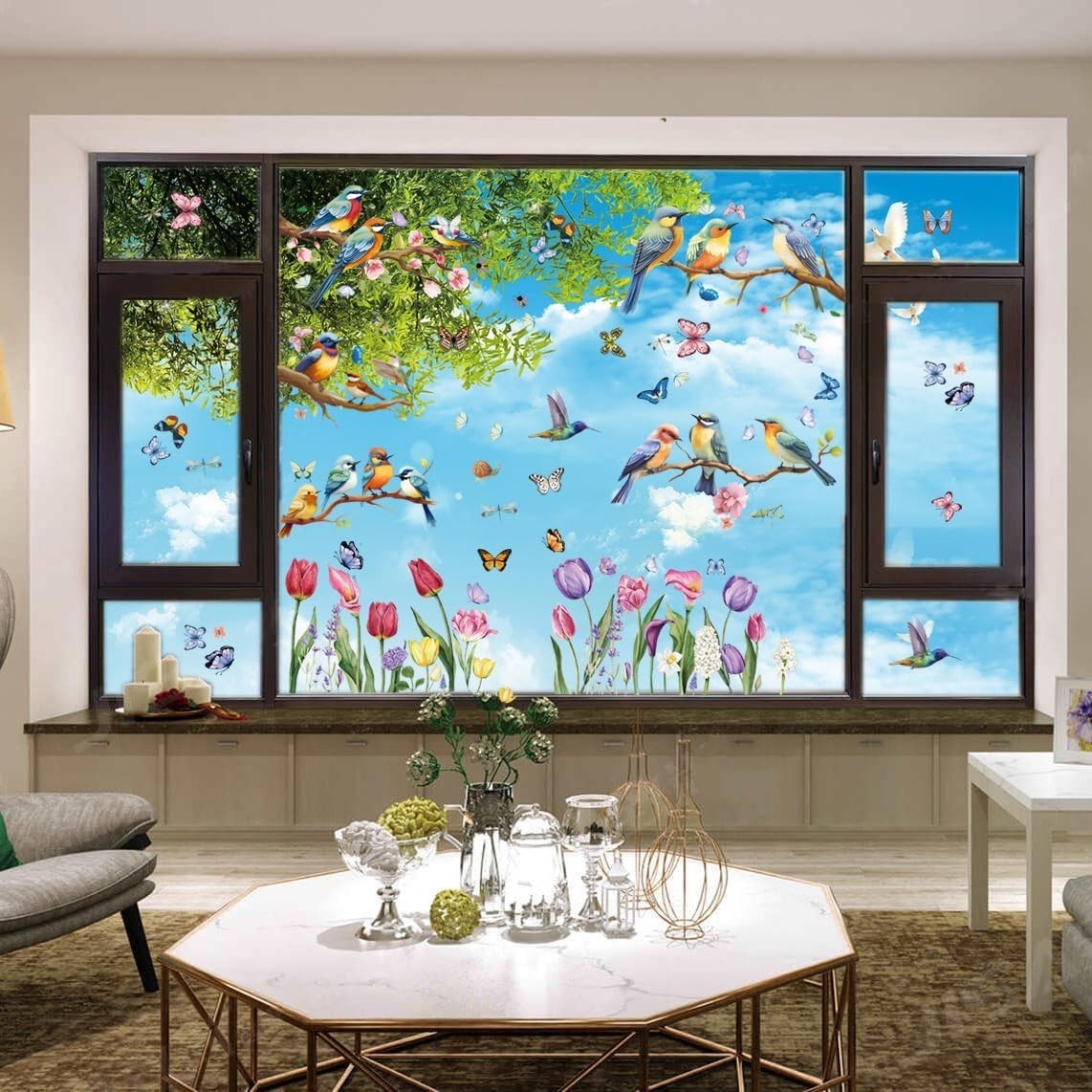 78PCS Spring Window Cling Stickers Tulip Butterfly Bird Strike Decals