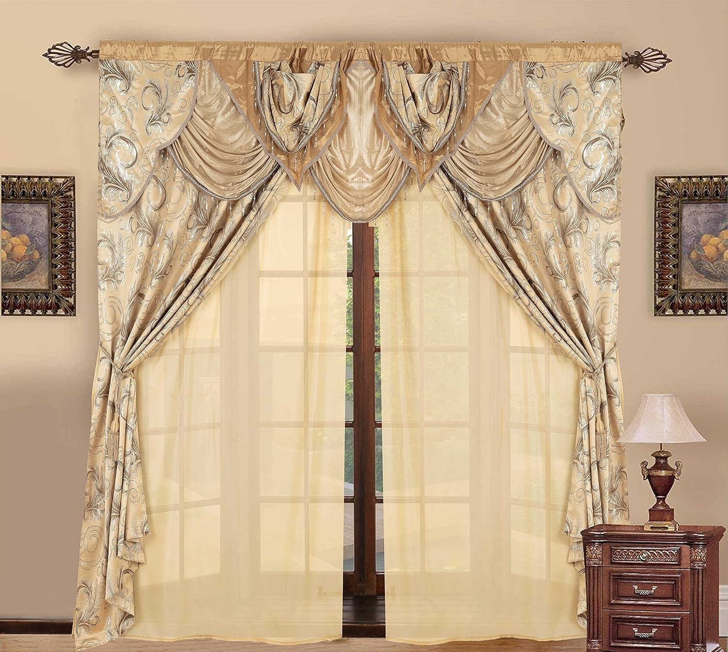 Luxury Jacquard 2 Panel Curtain Set with Valance & Backing – Taupe, 55×84