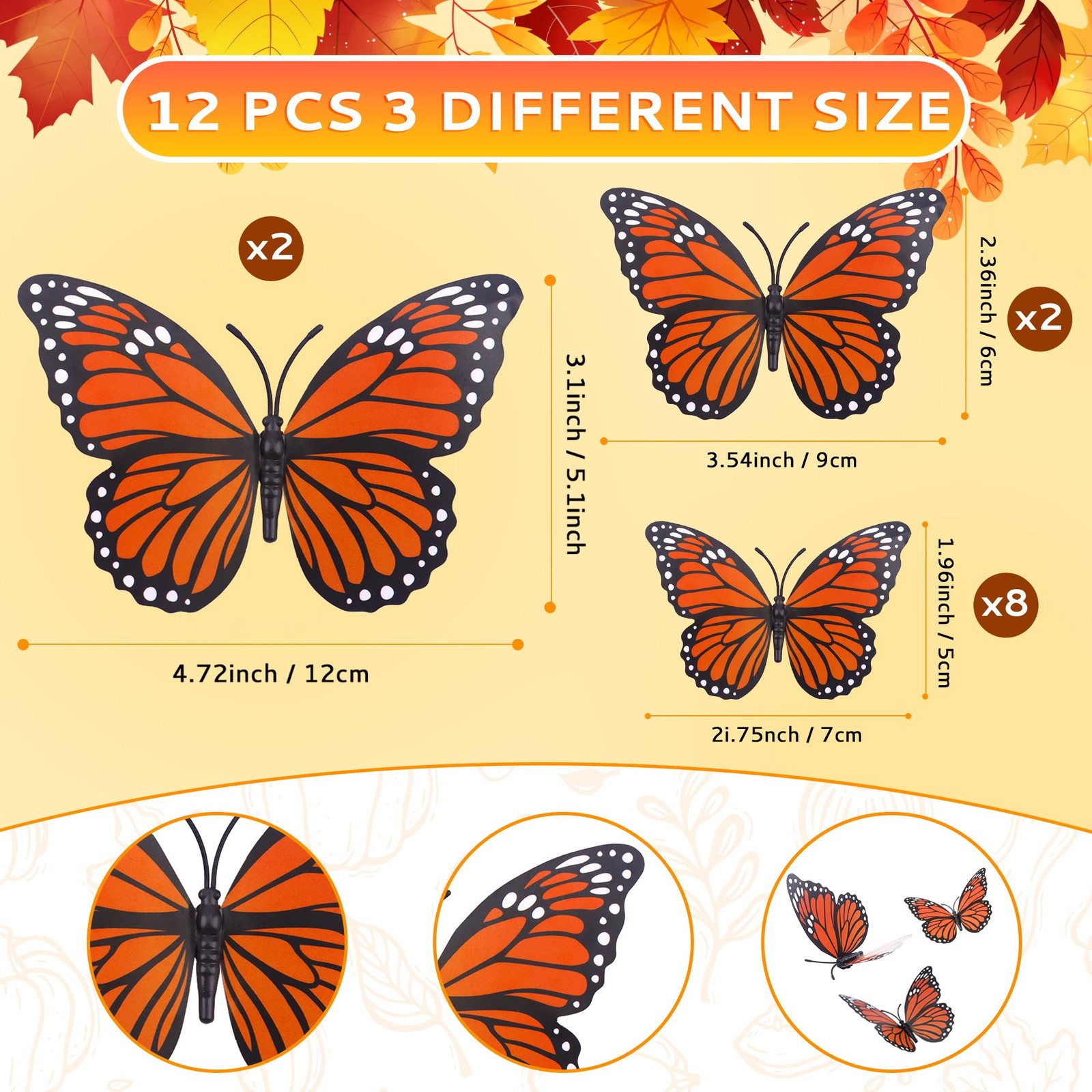 "Monarch Butterfly Decorations, 12 Pcs, Dia de los Muertos, 3 Sizes"