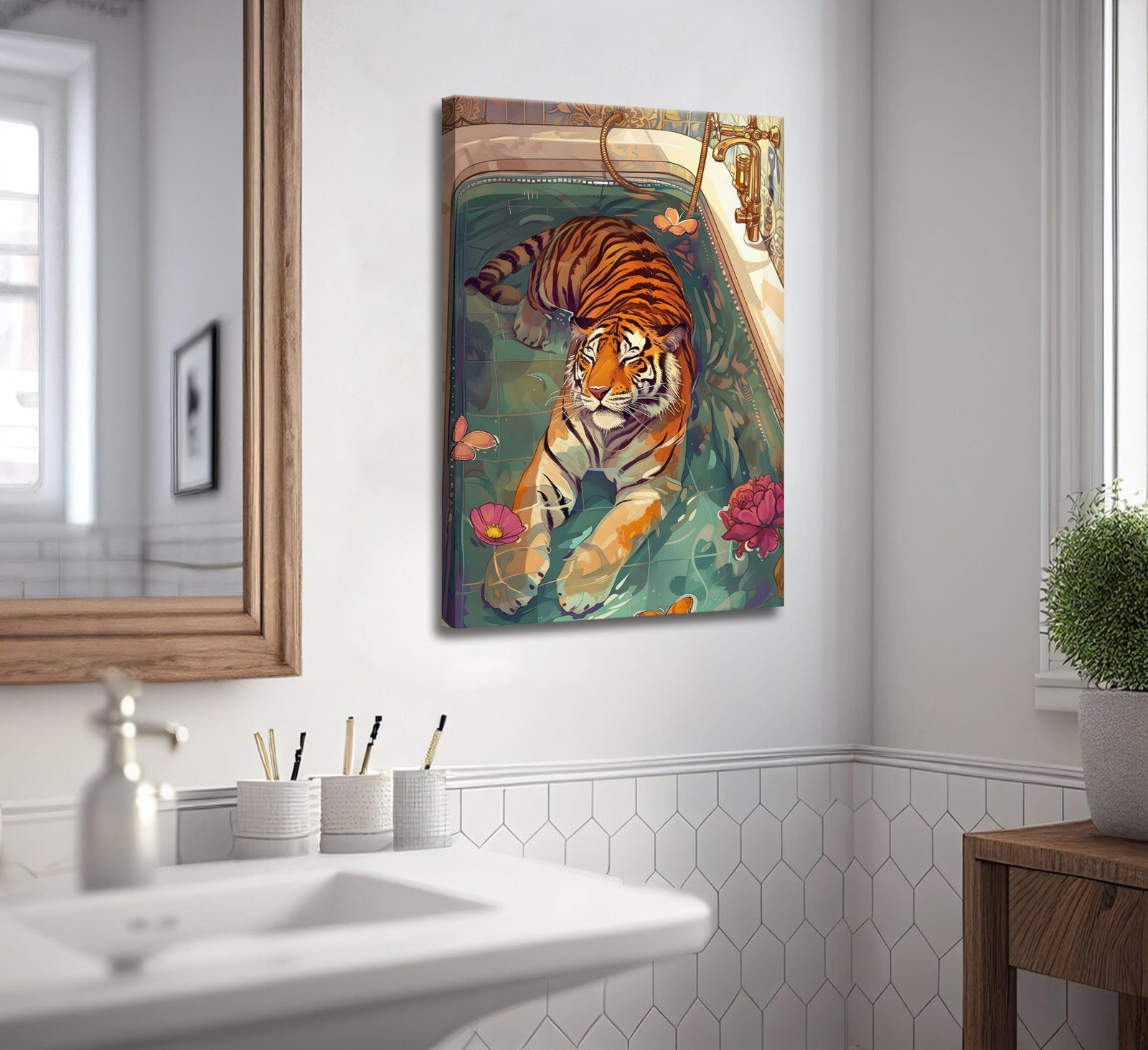 Tiger in Bathtub Canvas Wall Art Funny Bathroom Animal Painting Picture Wall …