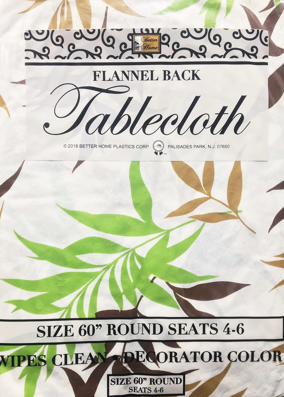 Better Home Fern Leafs Vinyl Tablecloth Decorator Design Flannel Backed (60" …